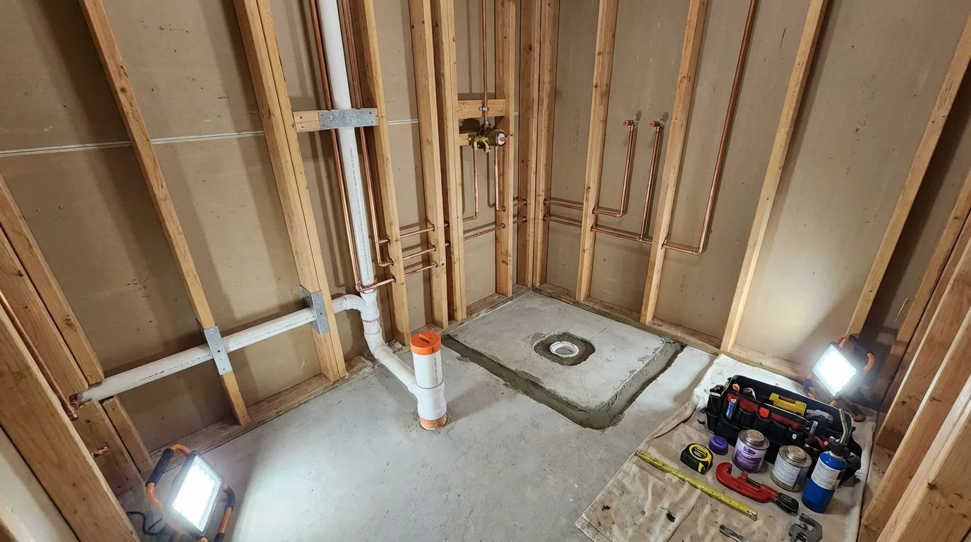 Bathroom rough-in plumbing during remodel by Johns Plumbing LLC in Cosmopolis