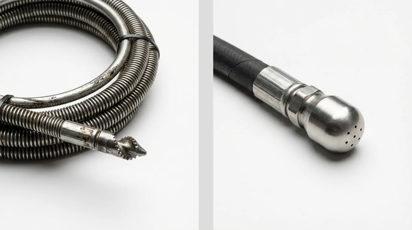 Drain snake cable and hydro jetting nozzle used for drain cleaning in Cosmopolis, WA