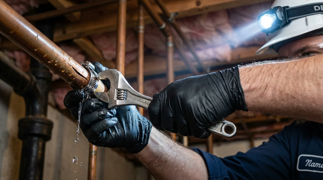 Emergency pipe clamp repair being performed by a Johns Plumbing LLC plumber in Cosmopolis