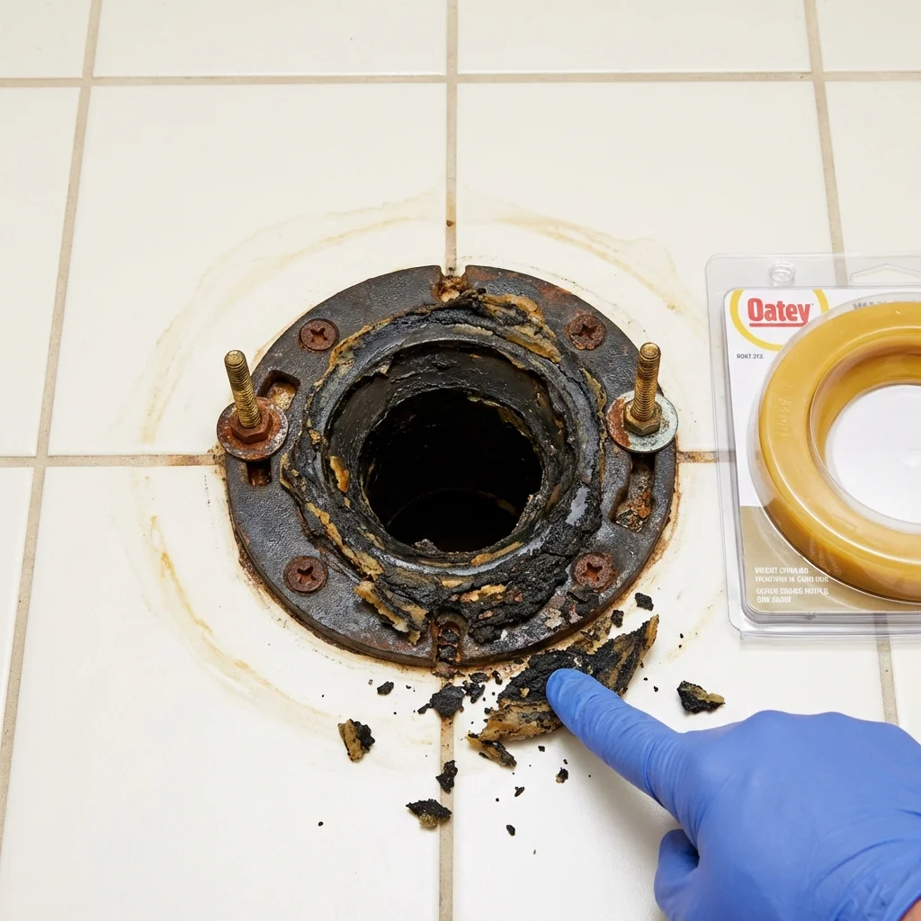 Failed wax ring showing water seepage at the base of a toilet in a Cosmopolis, WA home