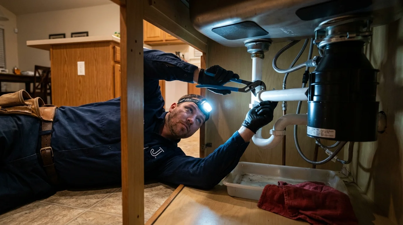 P-trap and supply line connections under a kitchen sink showing a common leak point in Cosmopolis, WA